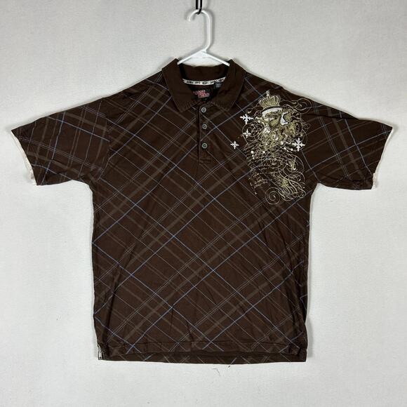 Point Zero Alternative Movement Polo Shirt Men XL Brown Plaid Lion Crown Graphic - Picture 1 of 8